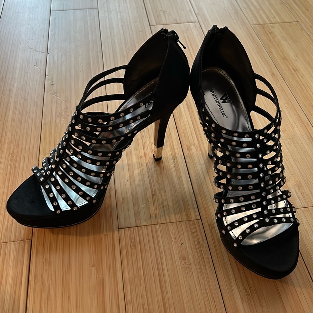 Worthington | Jubilee Women’s Black Strappy Rhinestone Heels Size 8.5